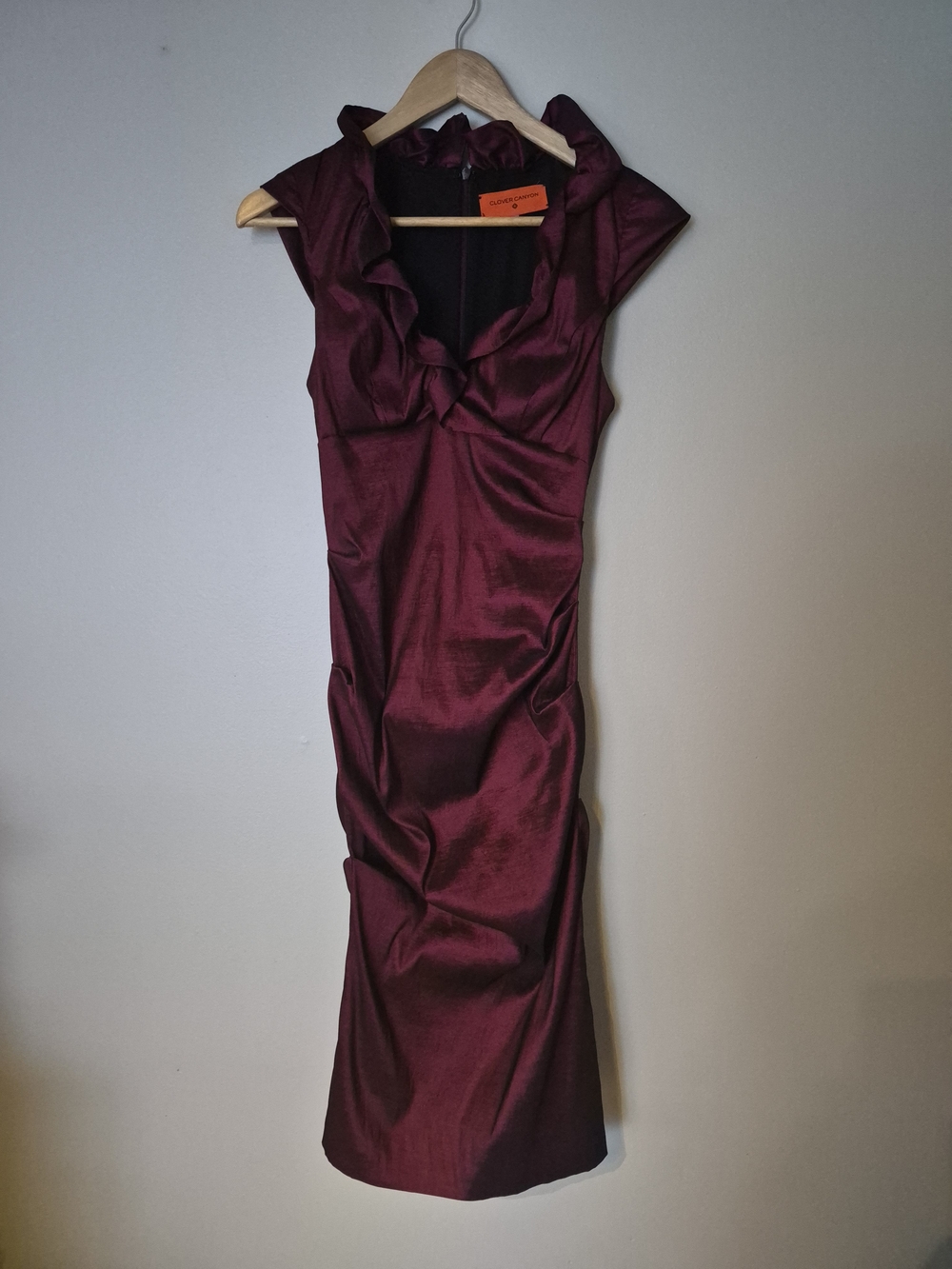 Sleeveless Midi Sheath Dress with Ruffle Neckline in Wine